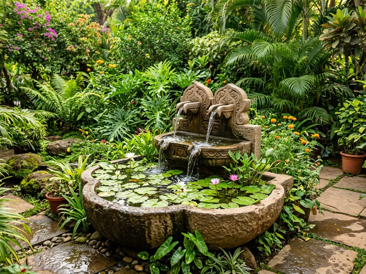 Tropical fountain with bird statues