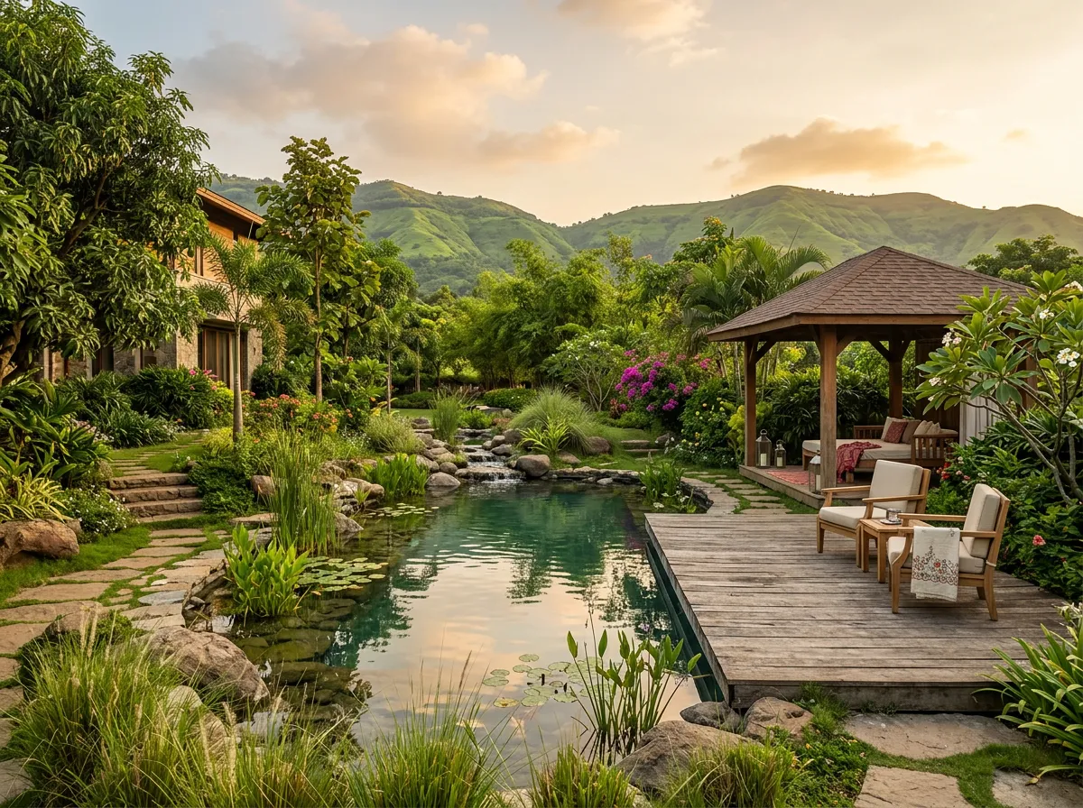 Villa garden with lawn and flower borders