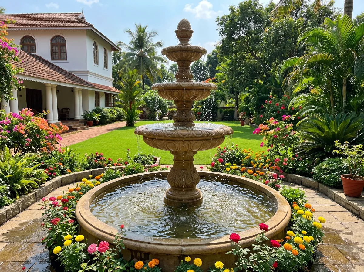Decorative garden fountain surrounded by flowering plants