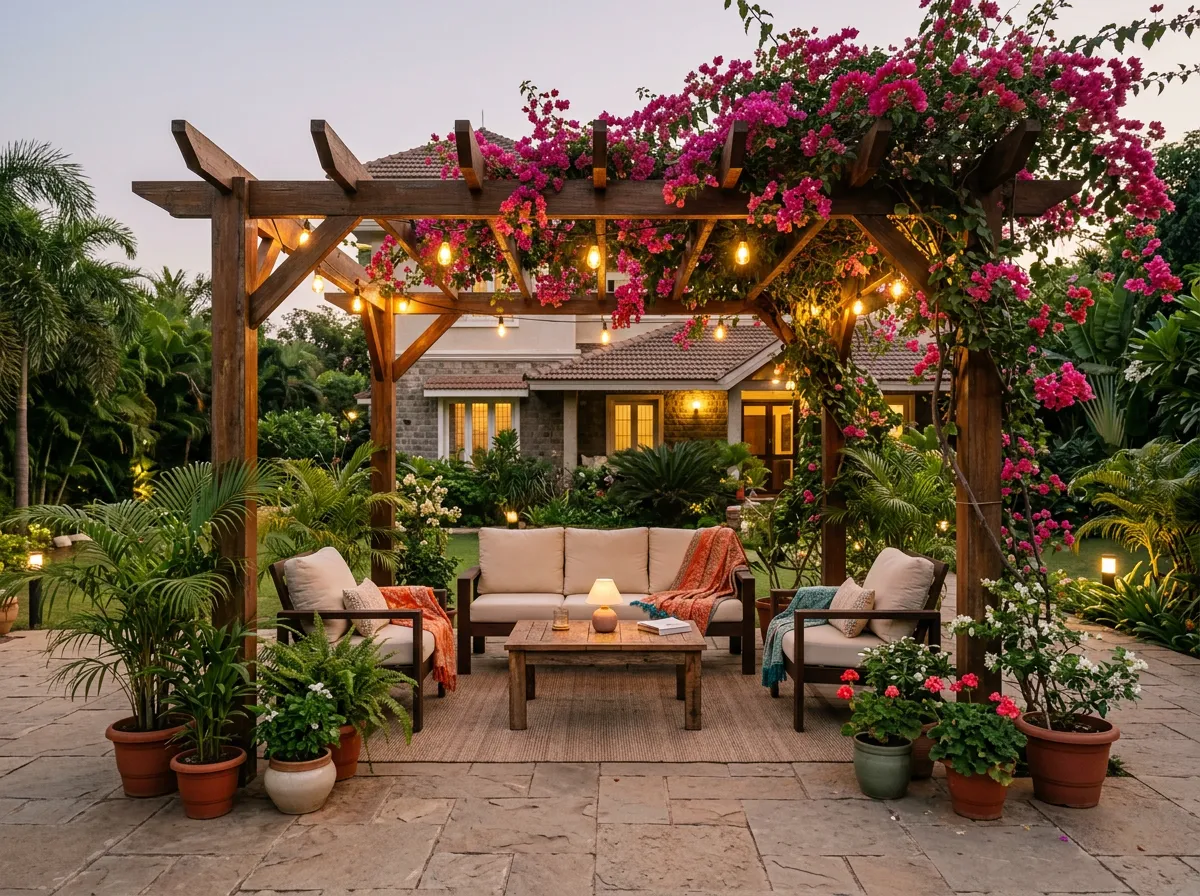Wooden pergola with climbing plants and outdoor seating in a Pune bungalow