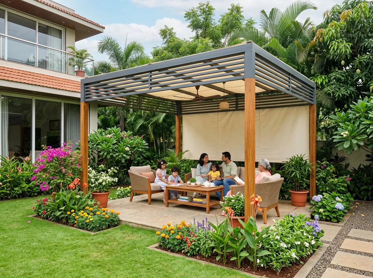 Pergola with plants and palm trees