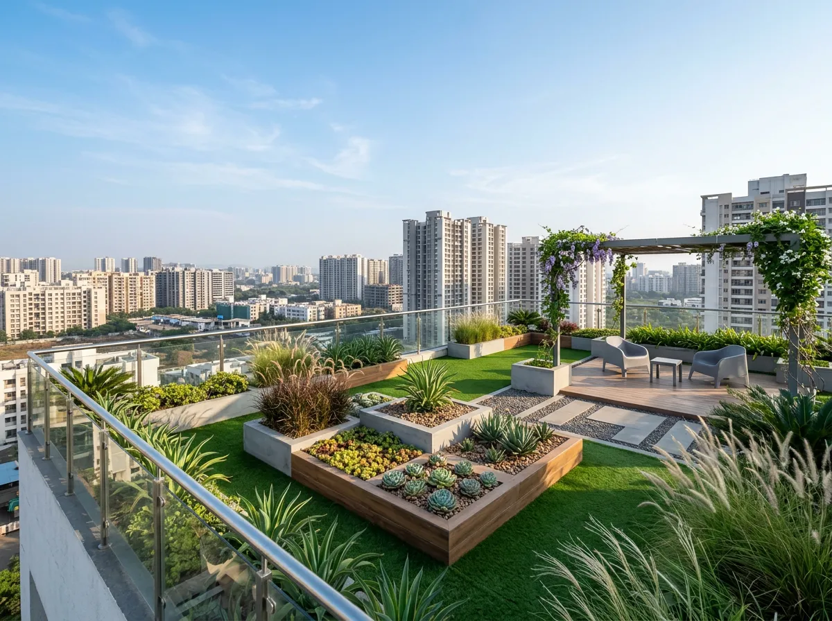 Landscaped rooftop garden with potted plants and artificial turf