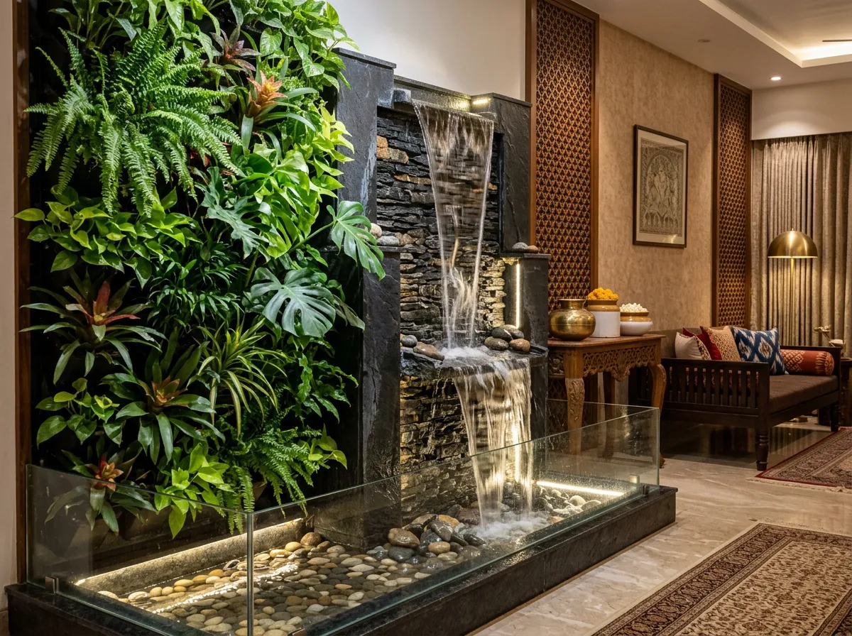 Indoor waterfall feature with natural stone and LED lighting